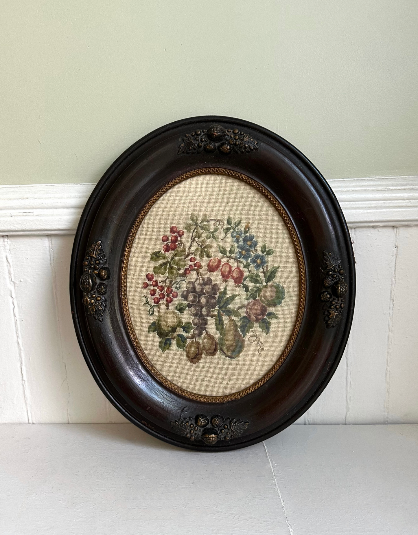 Vintage Fruit Still Life Needlepoint in Wooden Frame