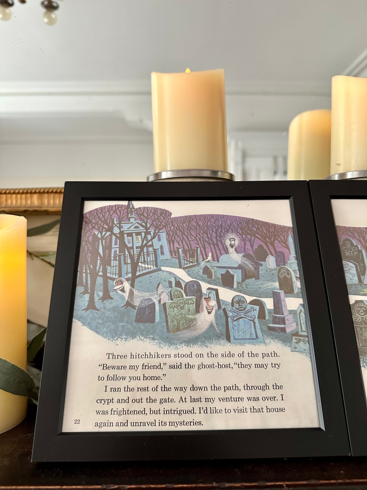 "The Haunted Mansion" Pair of Vintage Framed Book Pages "Three Hitchhikers"
