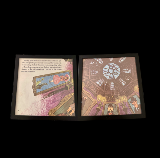 "The Haunted Mansion" Pair of Vintage Framed Book Pages "Sally Slater and the Art Gallery"
