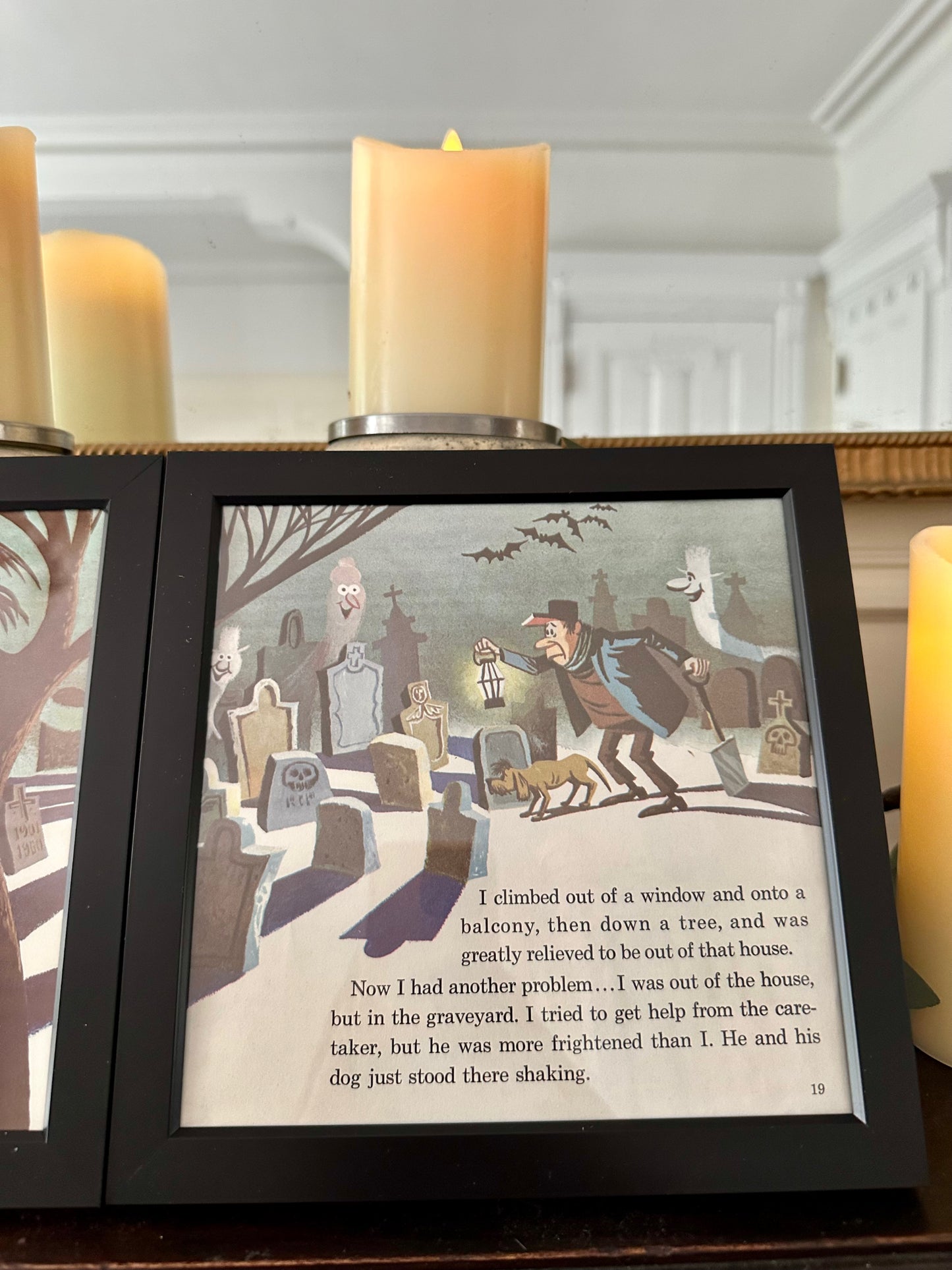"The Haunted Mansion" Pair of Vintage Framed Book Pages "Graveyard Caretaker and Dog"