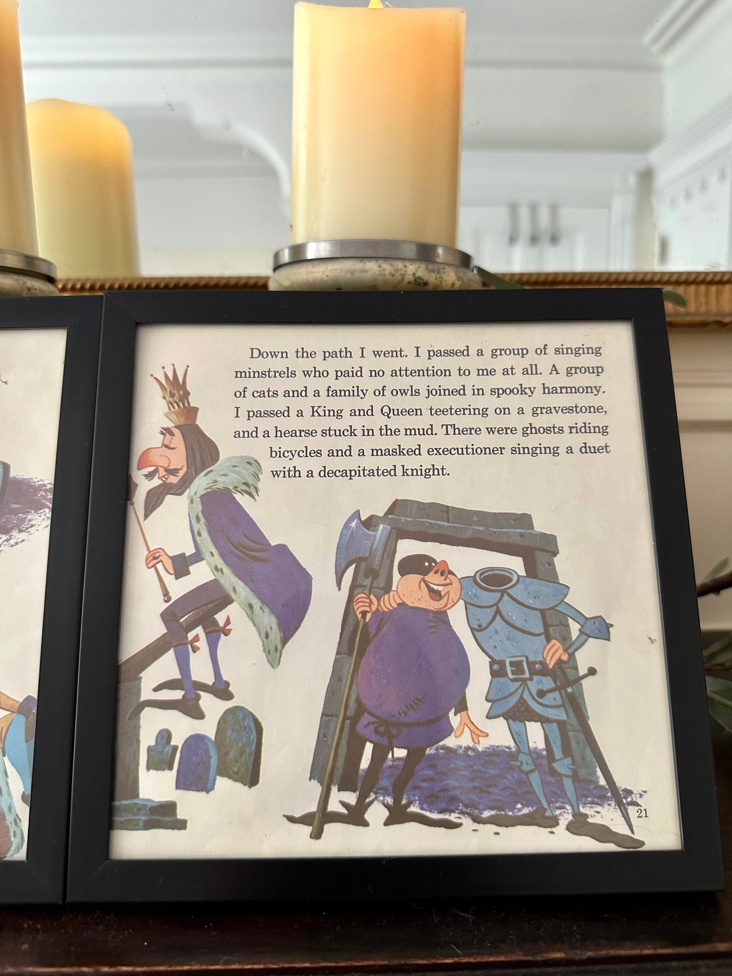 "The Haunted Mansion" Pair of Vintage Framed Book Pages "Grim Grinning Ghosts Love to Socialize"