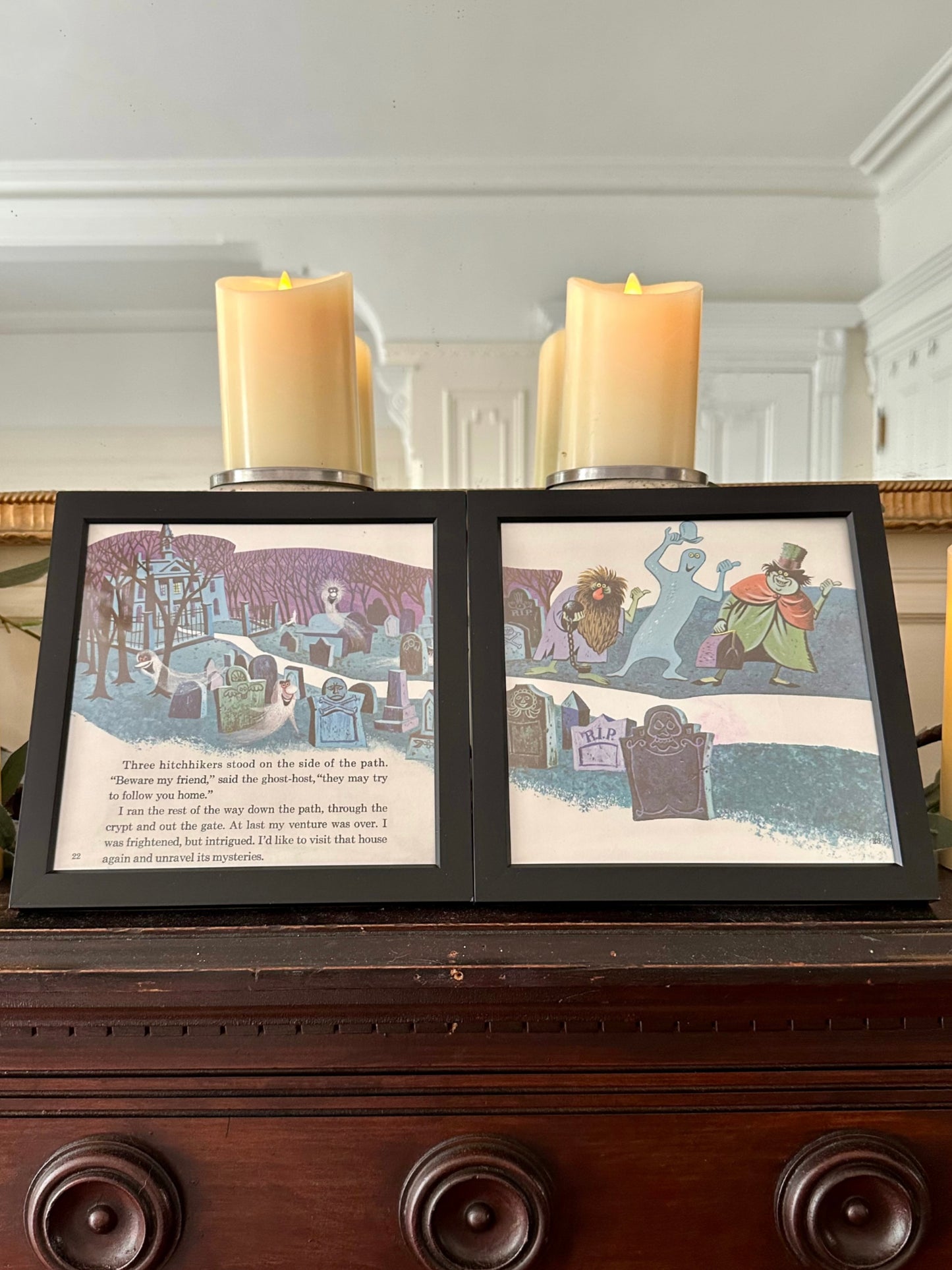 "The Haunted Mansion" Pair of Vintage Framed Book Pages "Three Hitchhikers"