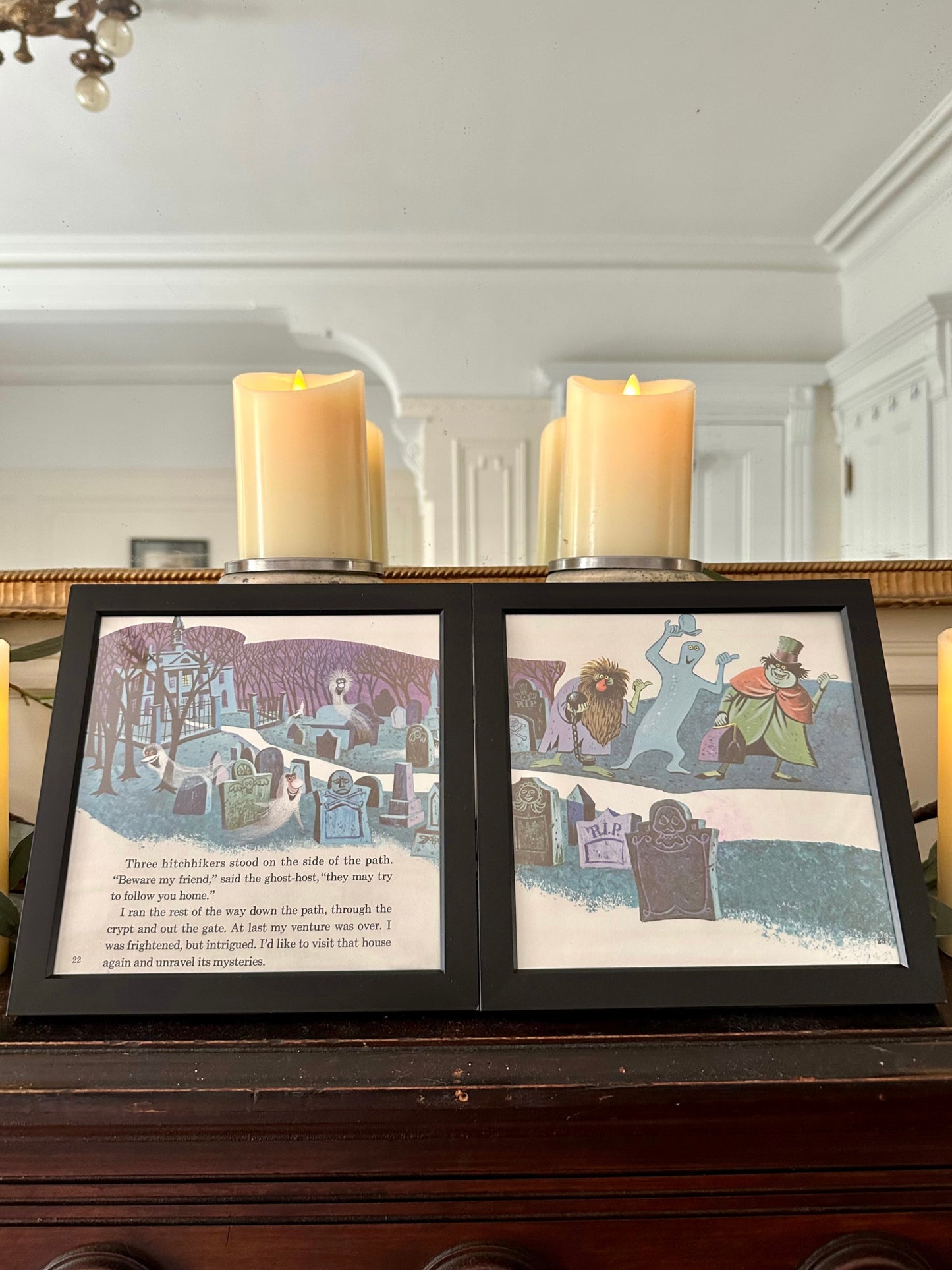 "The Haunted Mansion" Pair of Vintage Framed Book Pages "Three Hitchhikers"