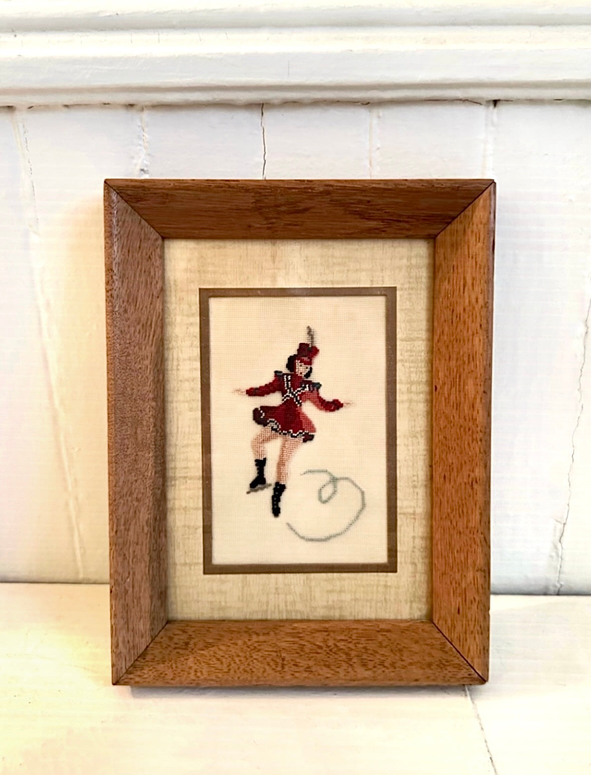 Vintage Petite Point Ice Skater Framed Needlepoint
