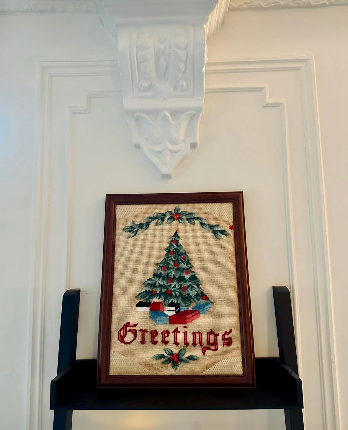 Vintage "Greetings" Christmas Tree Framed Needlepoint