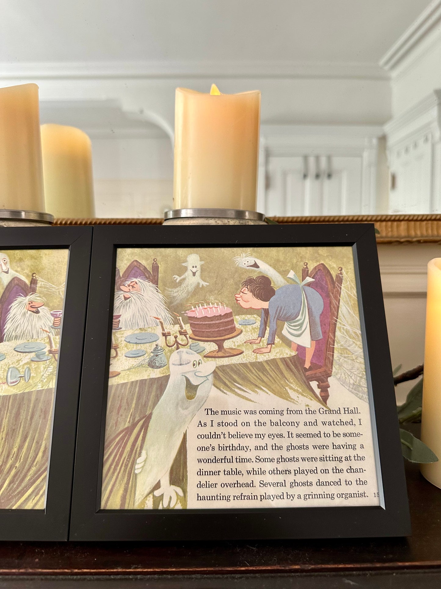 "The Haunted Mansion" Pair of Vintage Framed Book Pages "Grinning Organist"