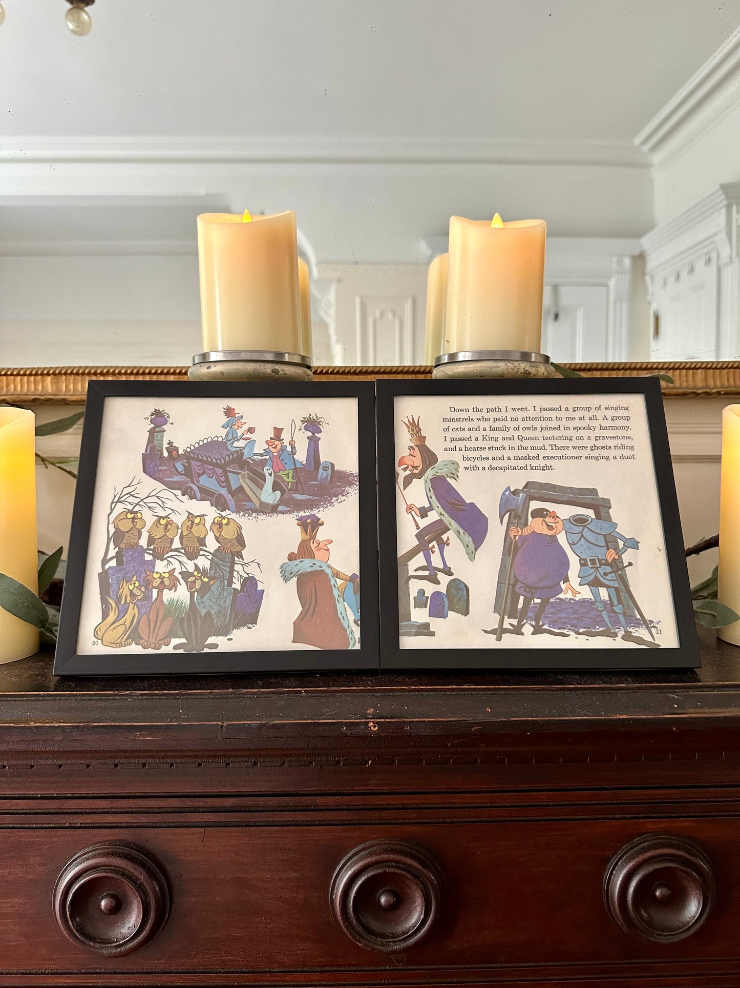 "The Haunted Mansion" Pair of Vintage Framed Book Pages "Grim Grinning Ghosts Love to Socialize"