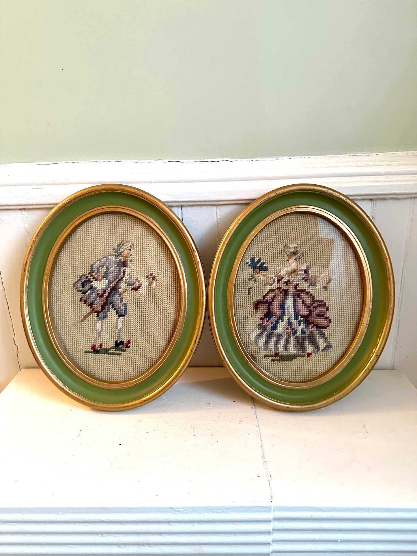Vintage Pair of Courting Couple Framed Needlepoints