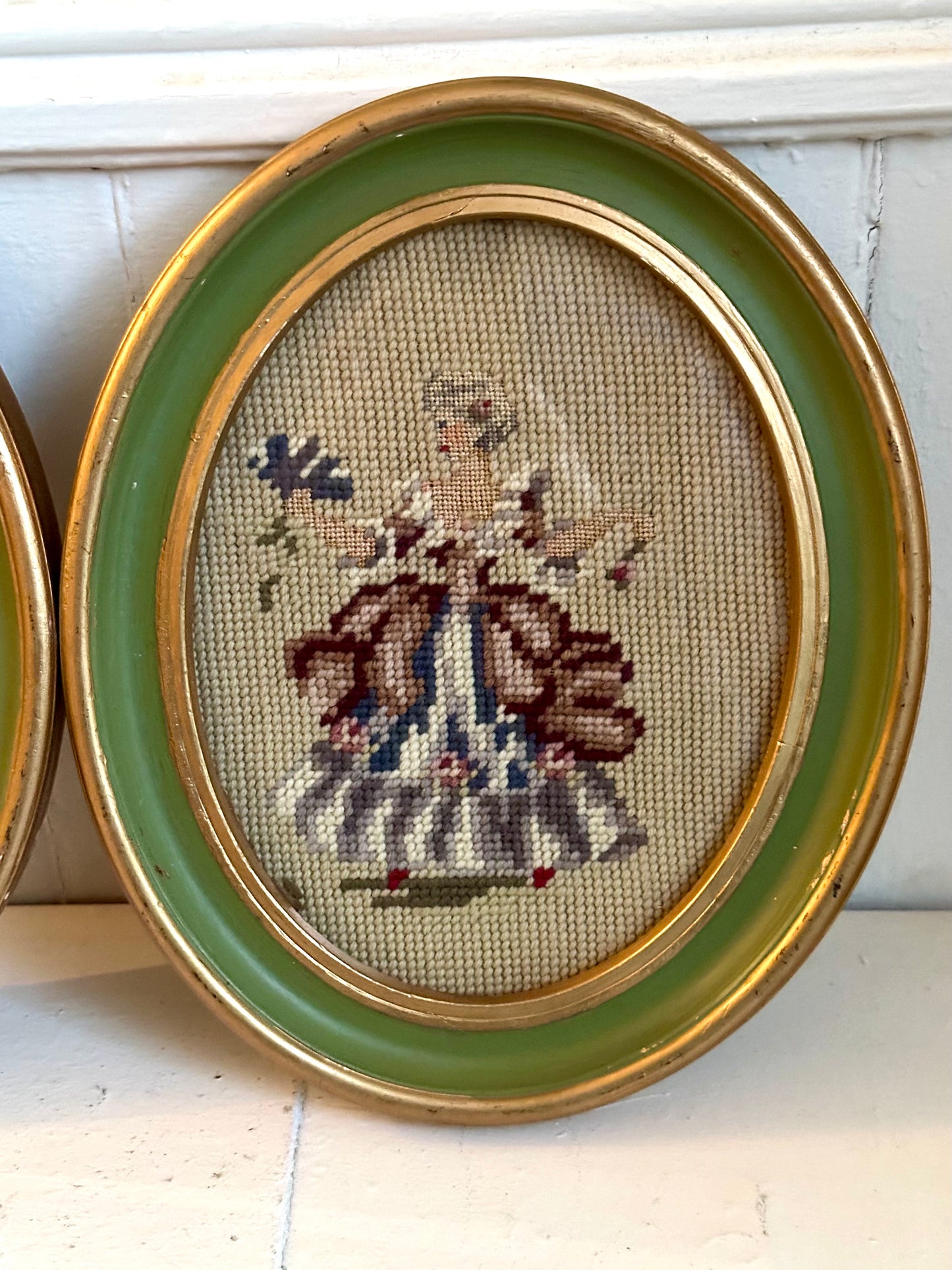 Vintage Pair of Courting Couple Framed Needlepoints