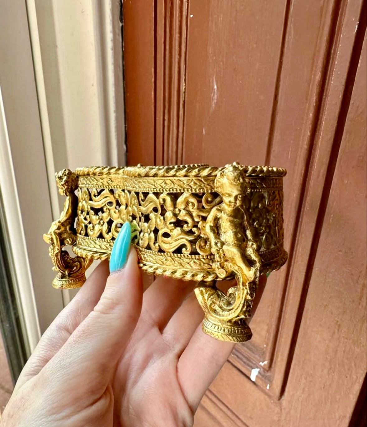 Vintage 24K Gold Plated Heart Lipstick Holder with Cherubs