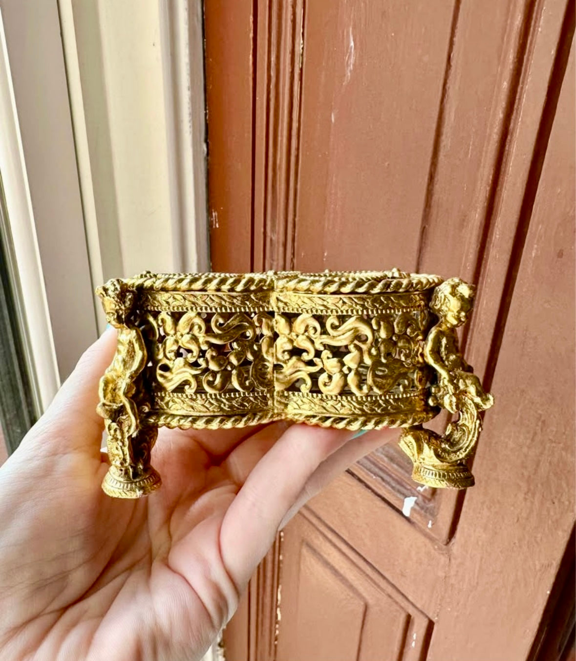 Vintage 24K Gold Plated Heart Lipstick Holder with Cherubs