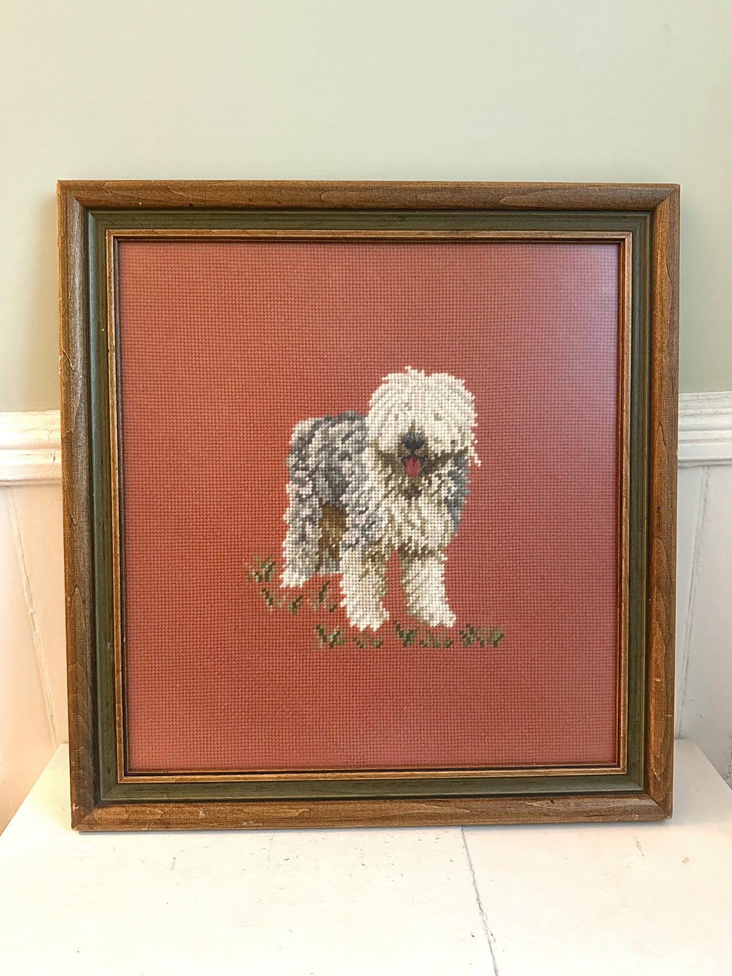 Vintage Old English Sheepdog Framed Needlepoint