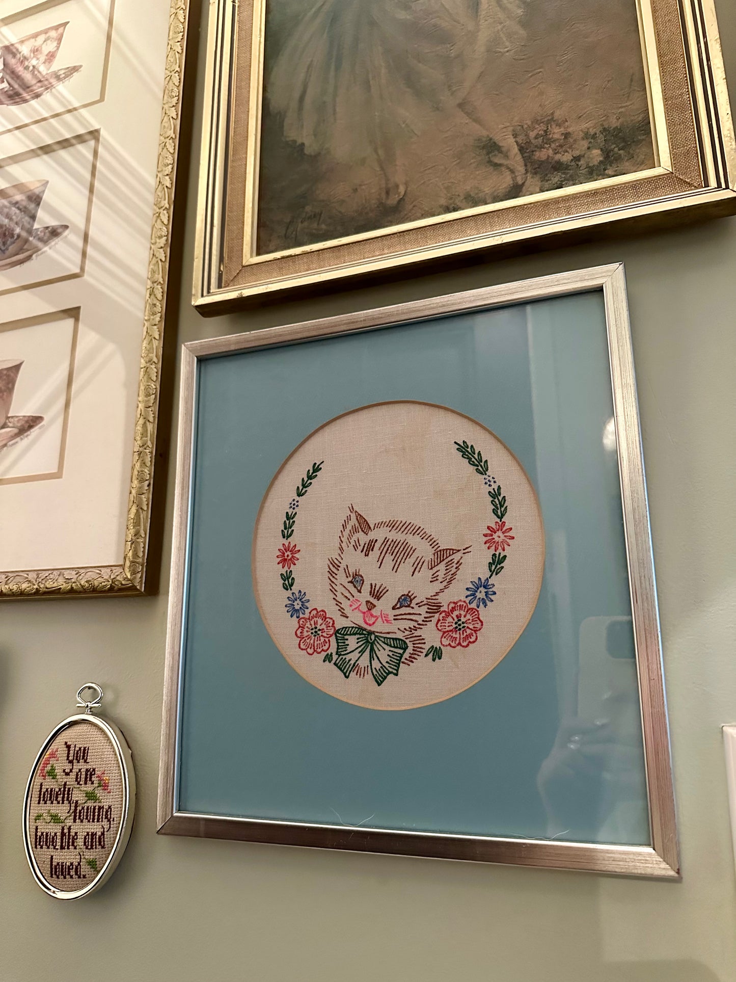 Vintage Kitten Embroidered Framed Needlepoint