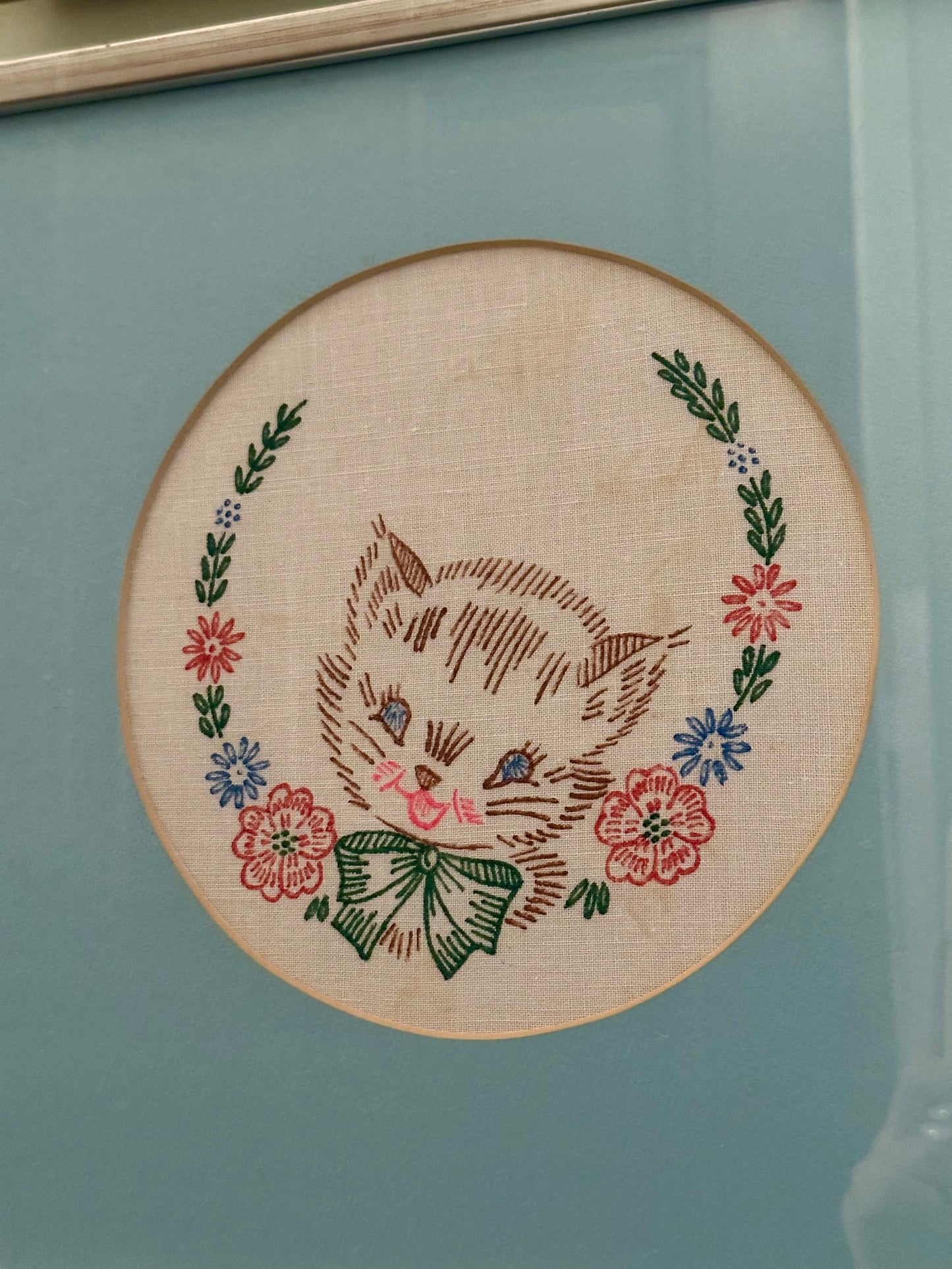Vintage Kitten Embroidered Framed Needlepoint