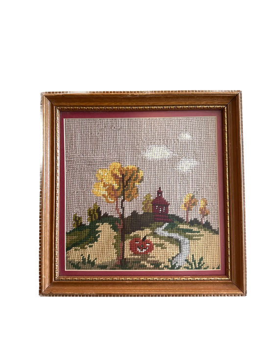 Vintage Pumpkin Fall Scene Framed Needlepoint