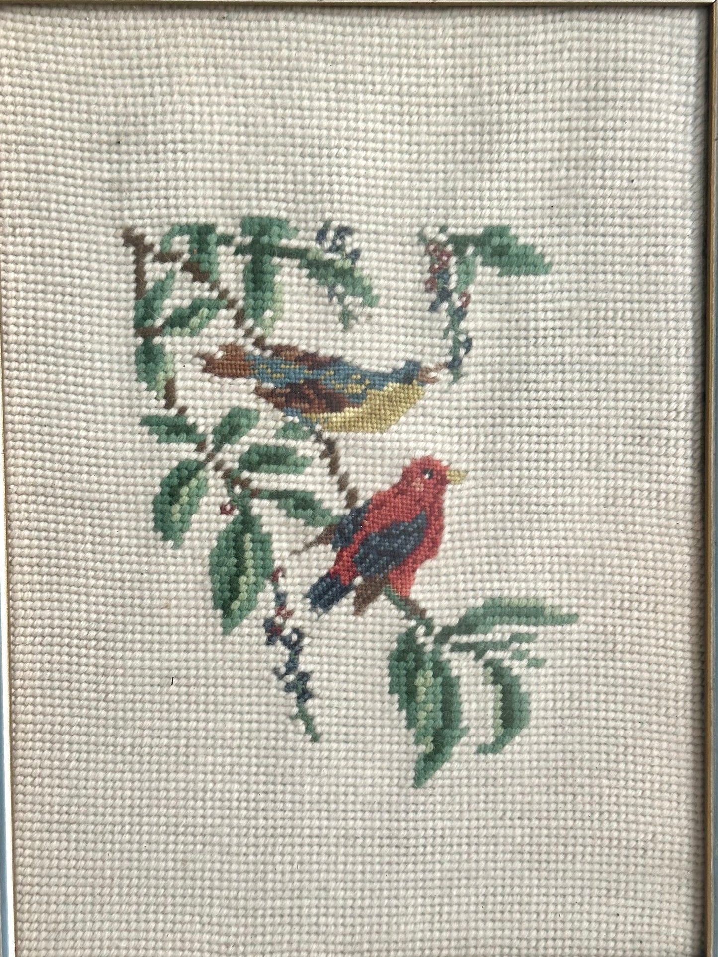 Vintage Birds on a Tree Branch Framed Needlepoint