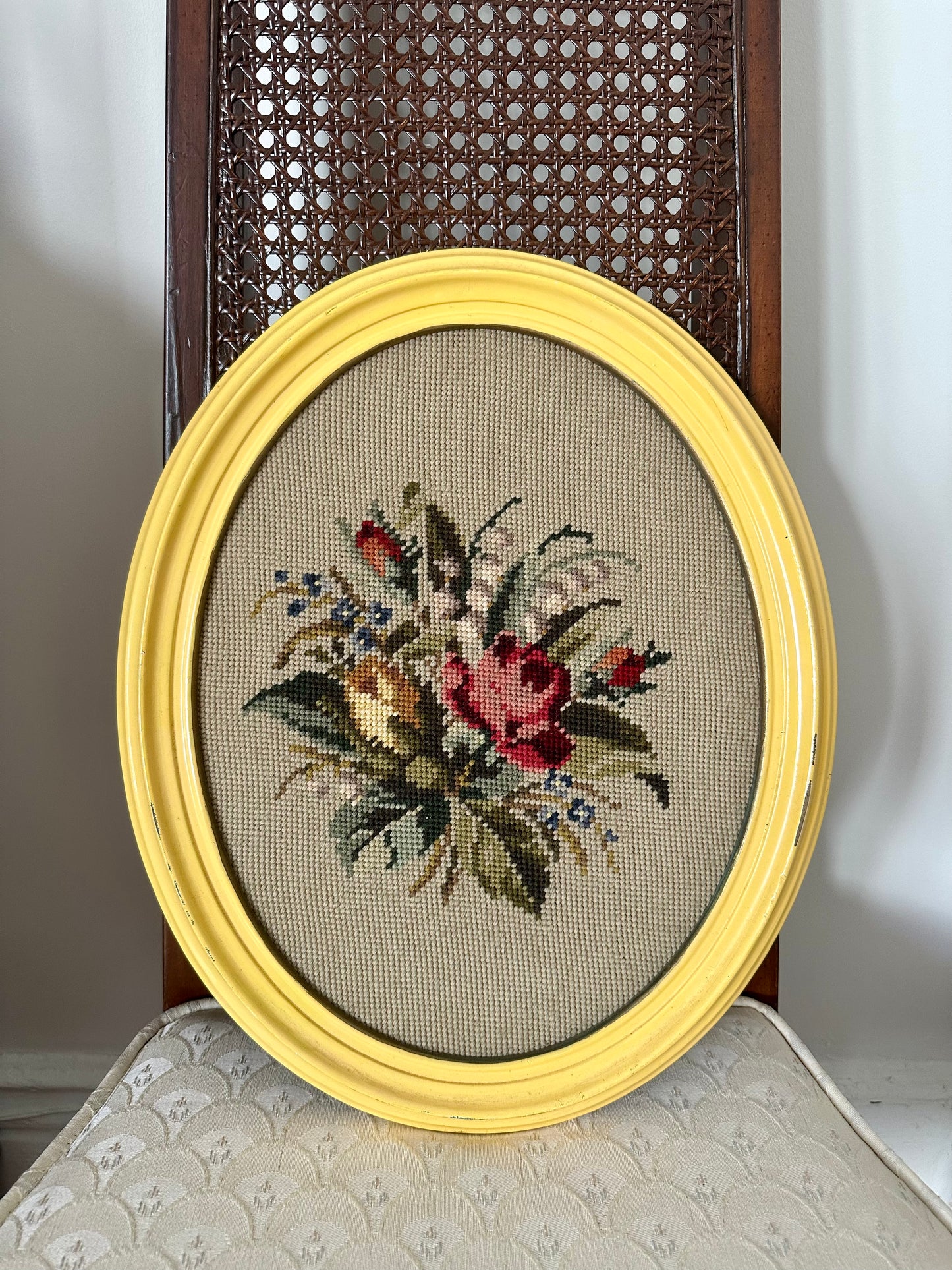 Vintage Floral Needlepoint in Yellow Wood Frame