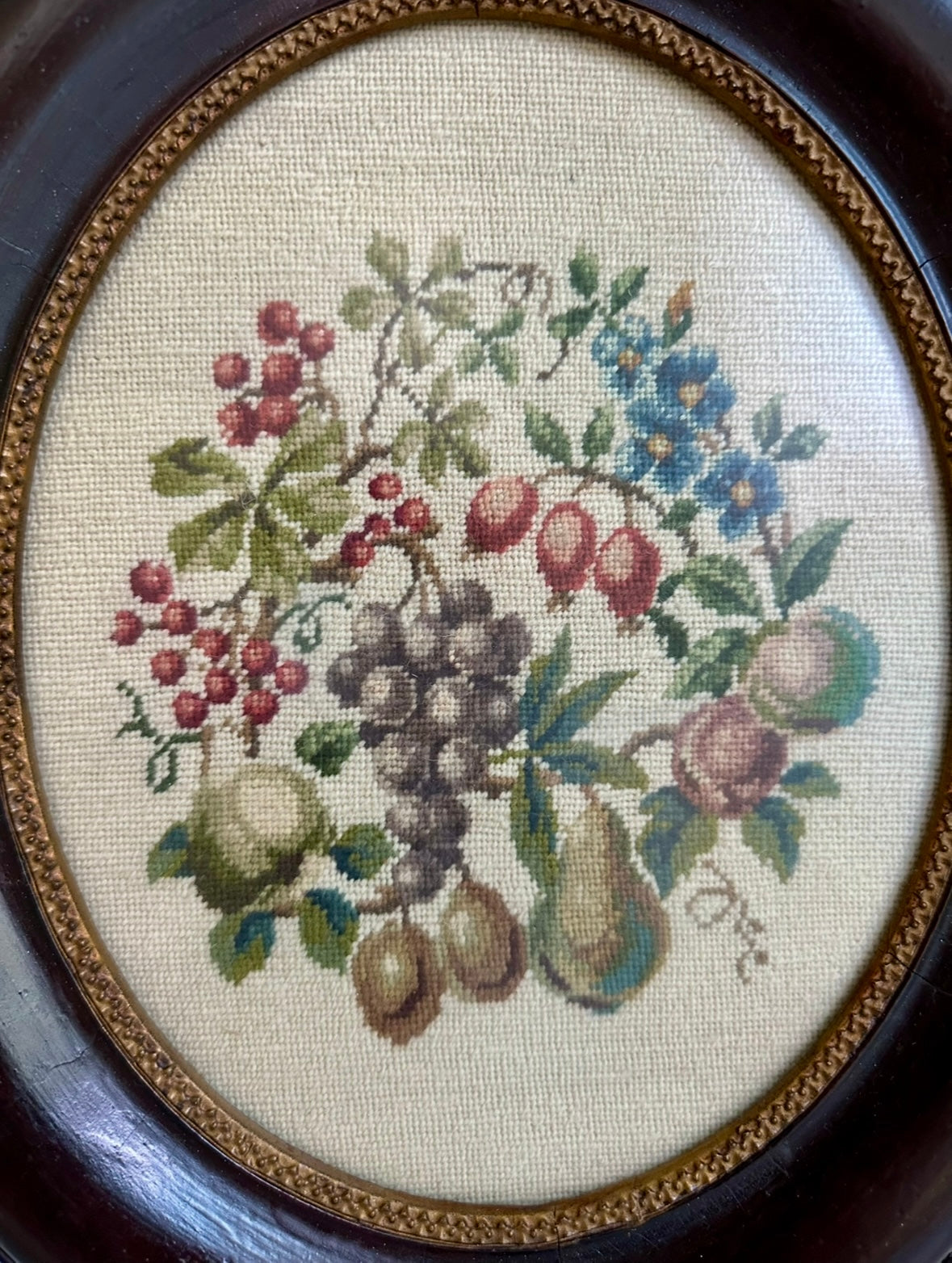 Vintage Fruit Still Life Needlepoint in Wooden Frame