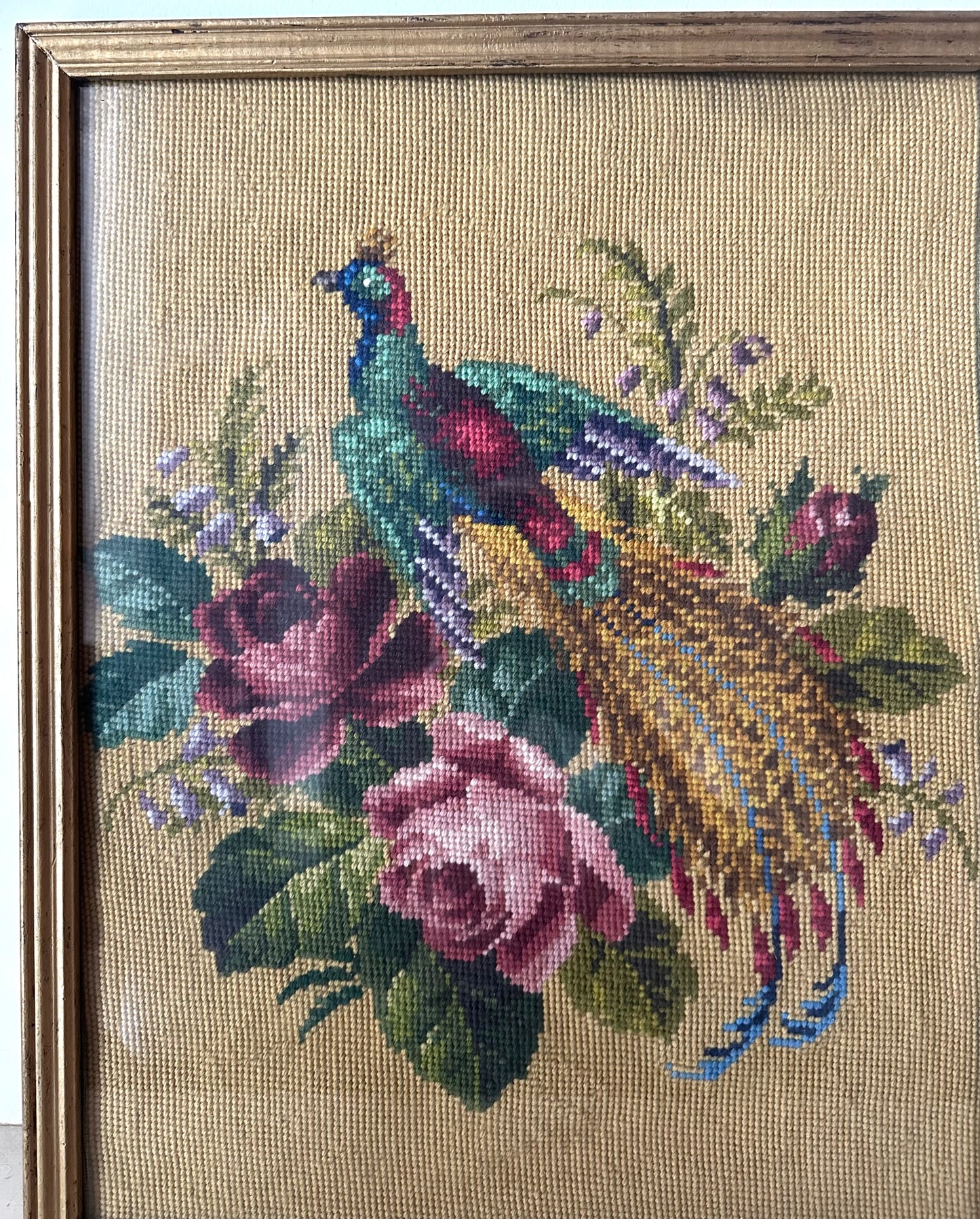 Vintage Victorian Pheasant with Roses Framed Needlepoint