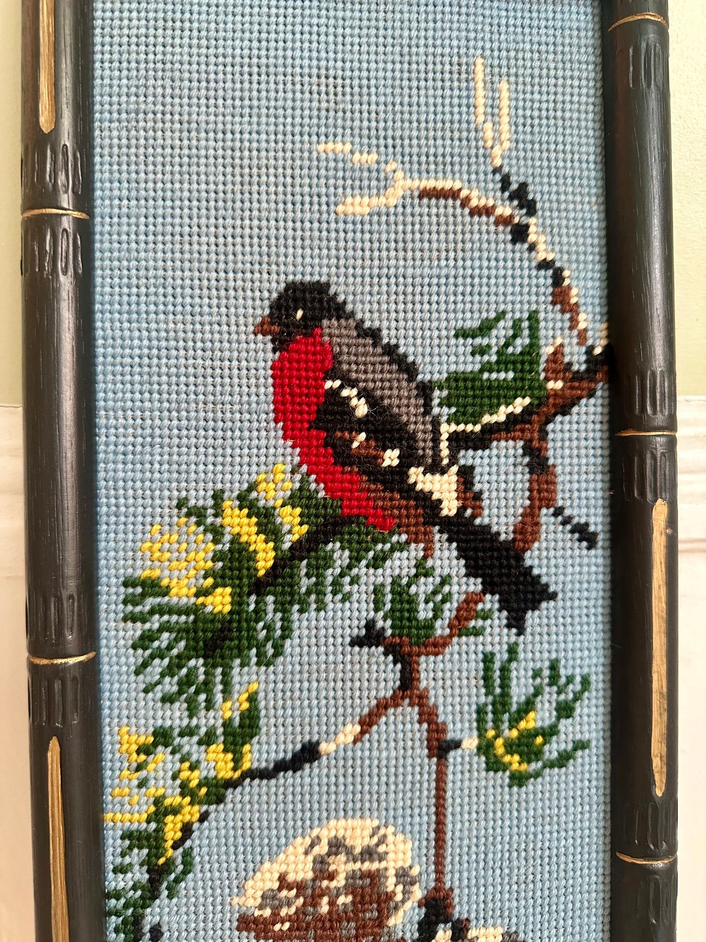 Vintage Eurasian Bullfinch Bird Framed Needlepoint
