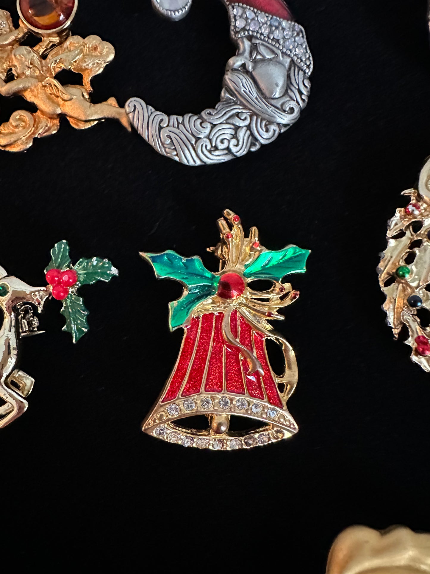 Vintage Rhinestone Gold Enamel Christmas Bell Pin