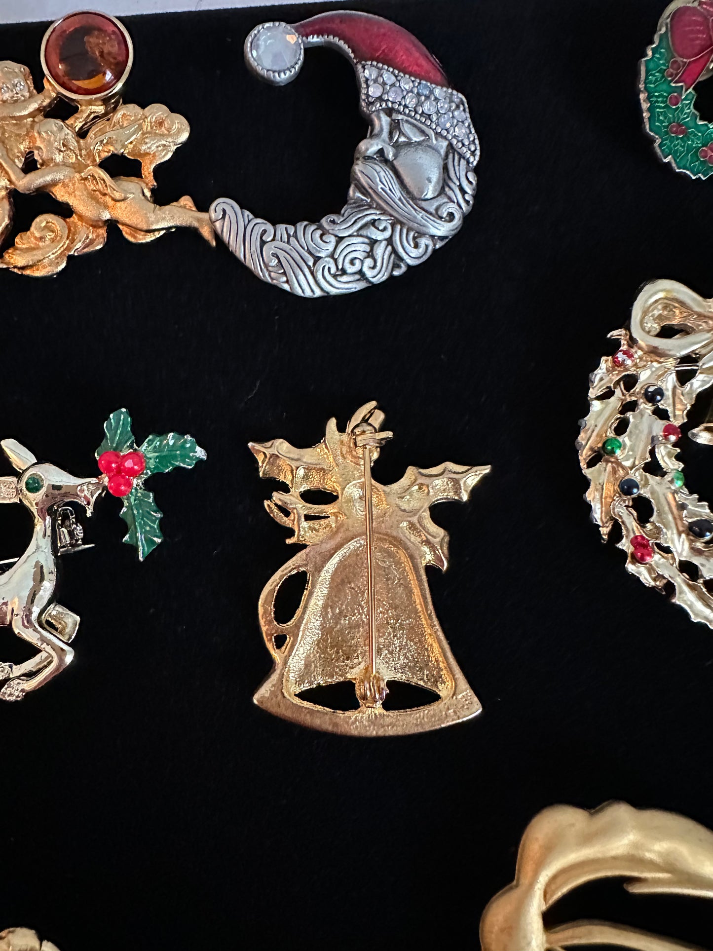 Vintage Rhinestone Gold Enamel Christmas Bell Pin