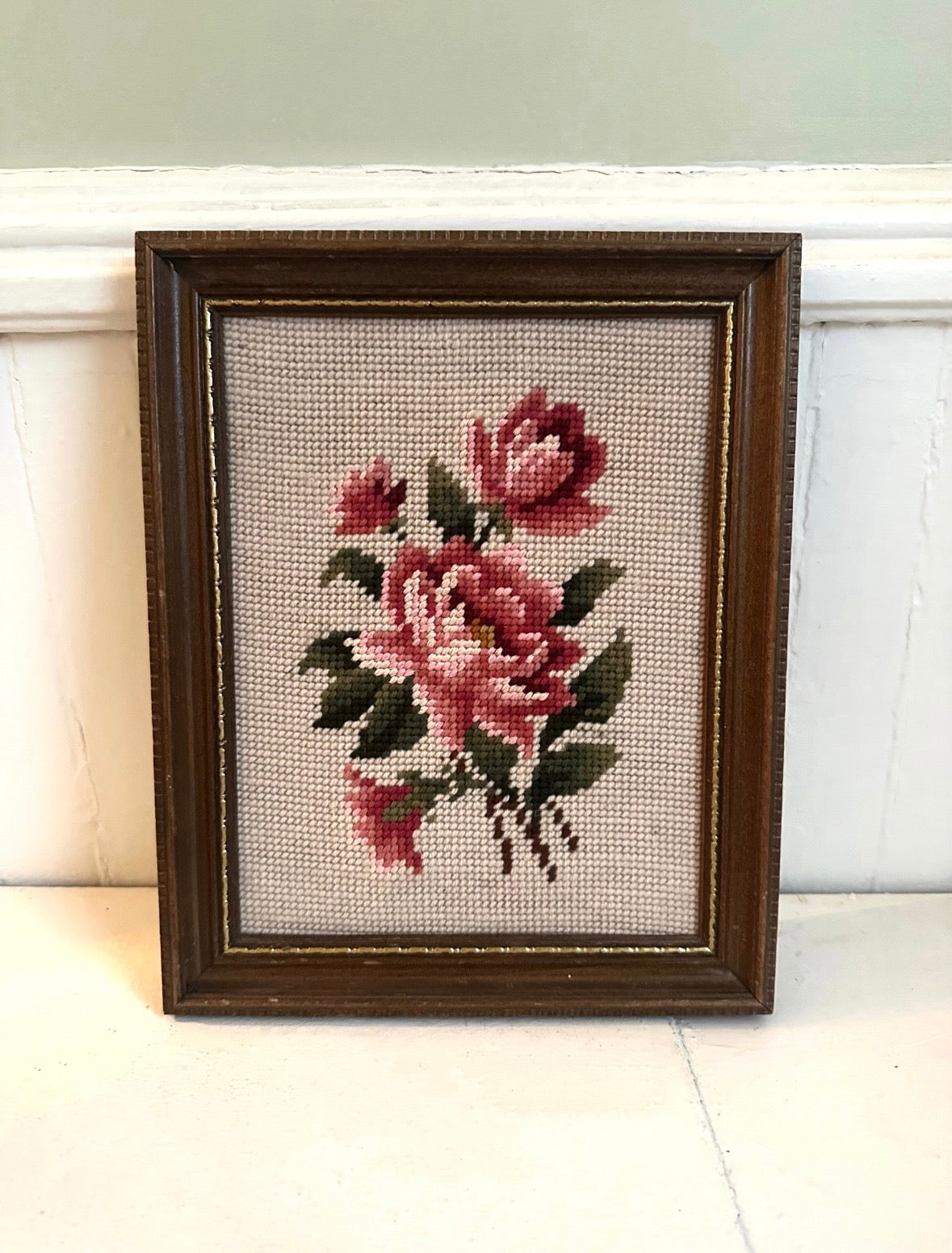 Vintage Pink Floral Framed Needlepoint