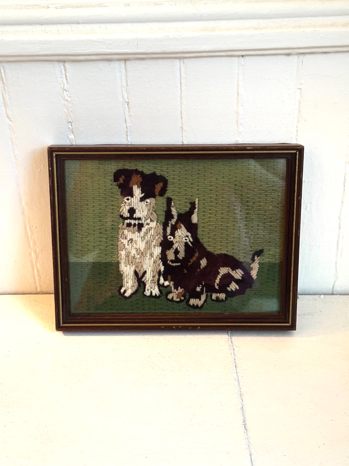 Antique Two Terrier Dogs Needlepoint in Wood Frame