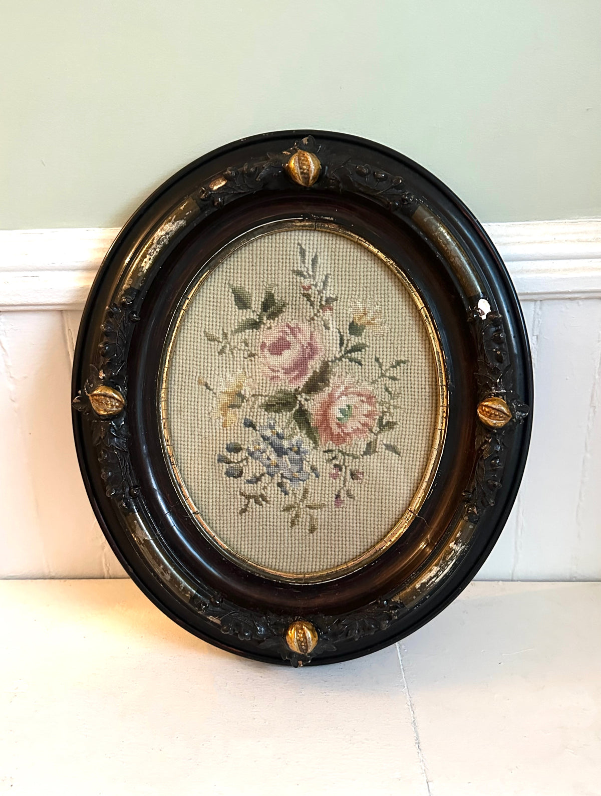 Antique Rose Needlepoint in Ornate Oval Wood Frame
