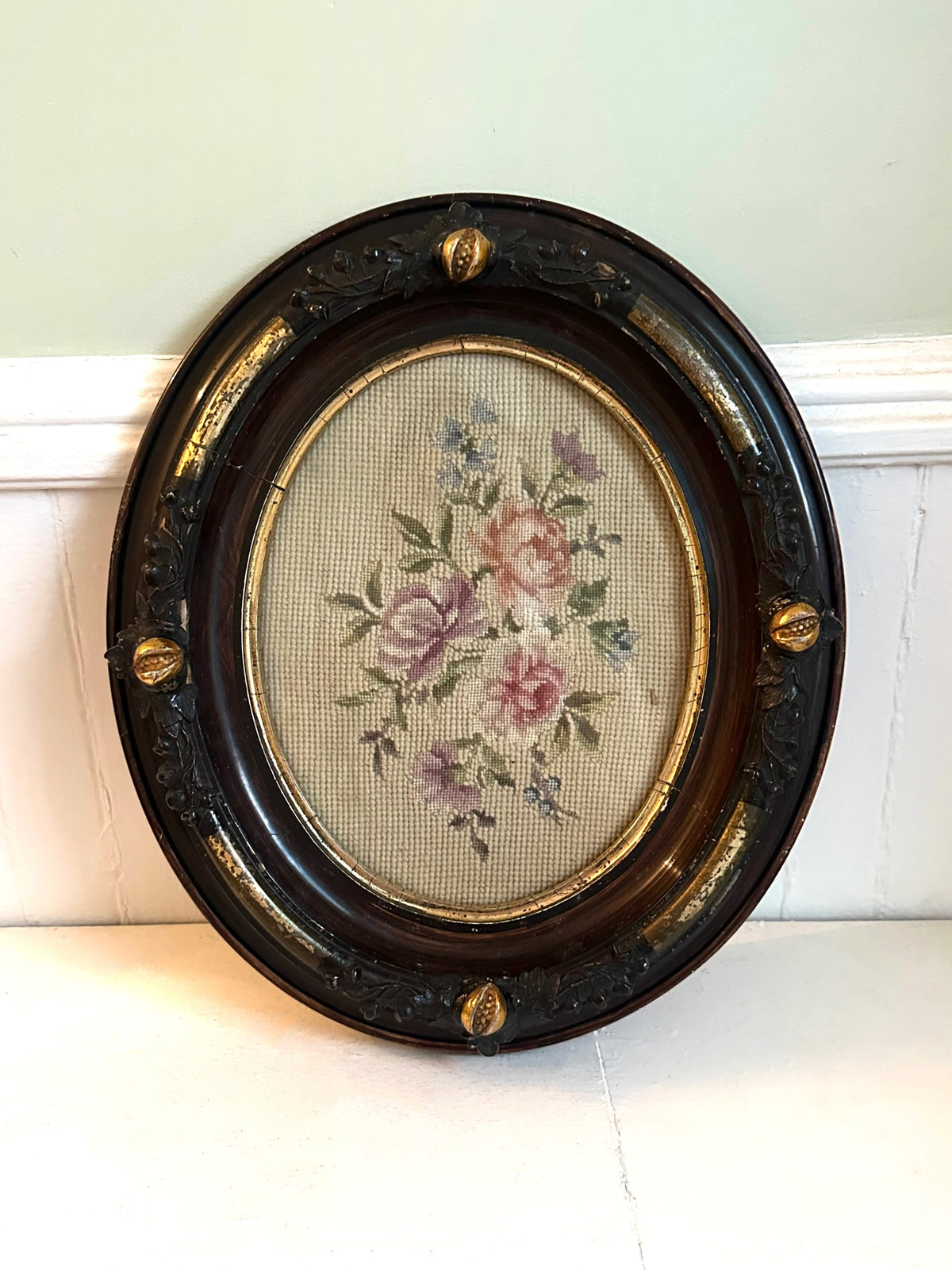 Antique Floral Rose Needlepoint in Ornate Oval Wood Frame