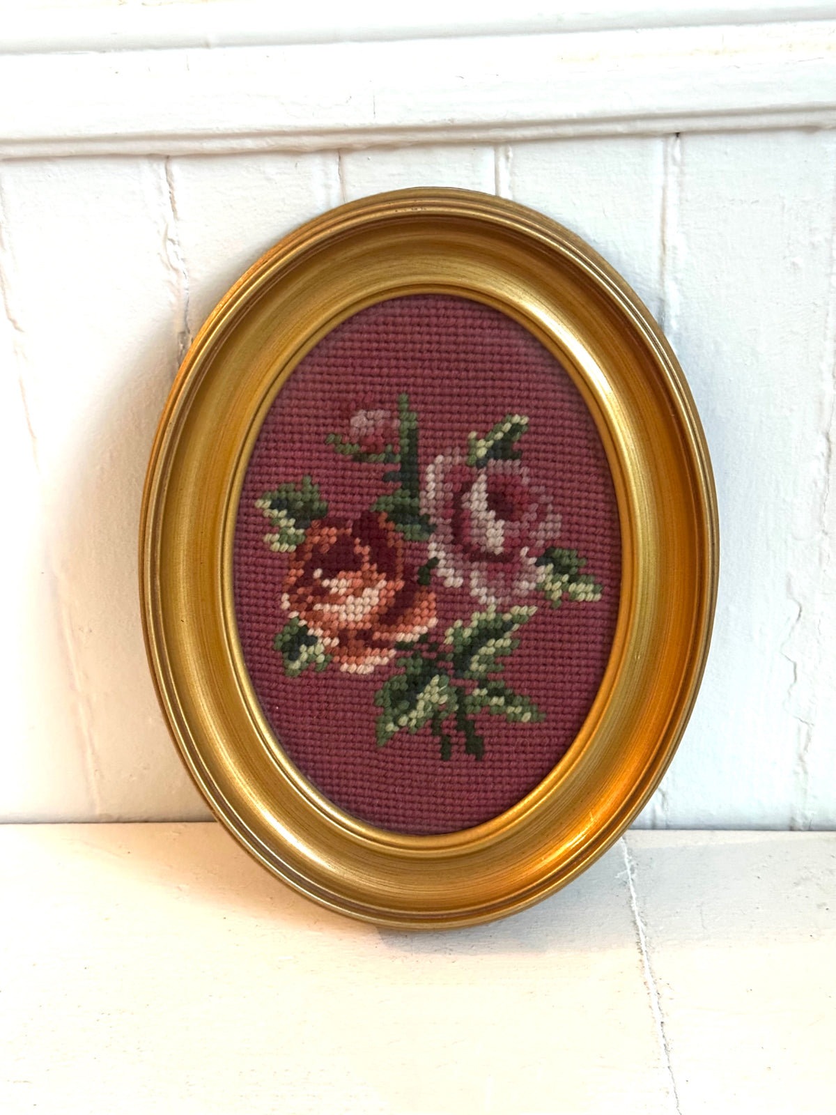 Vintage Roses Needlepoint in Oval Gold Frame