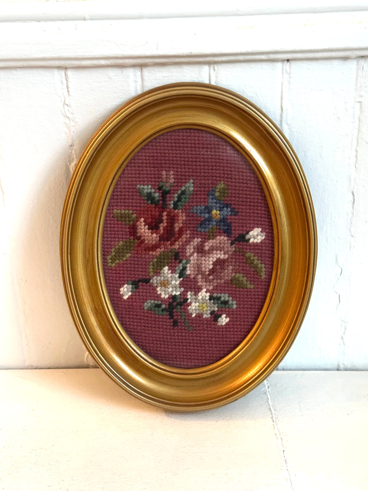 Vintage Floral Needlepoint in Oval Gold Frame