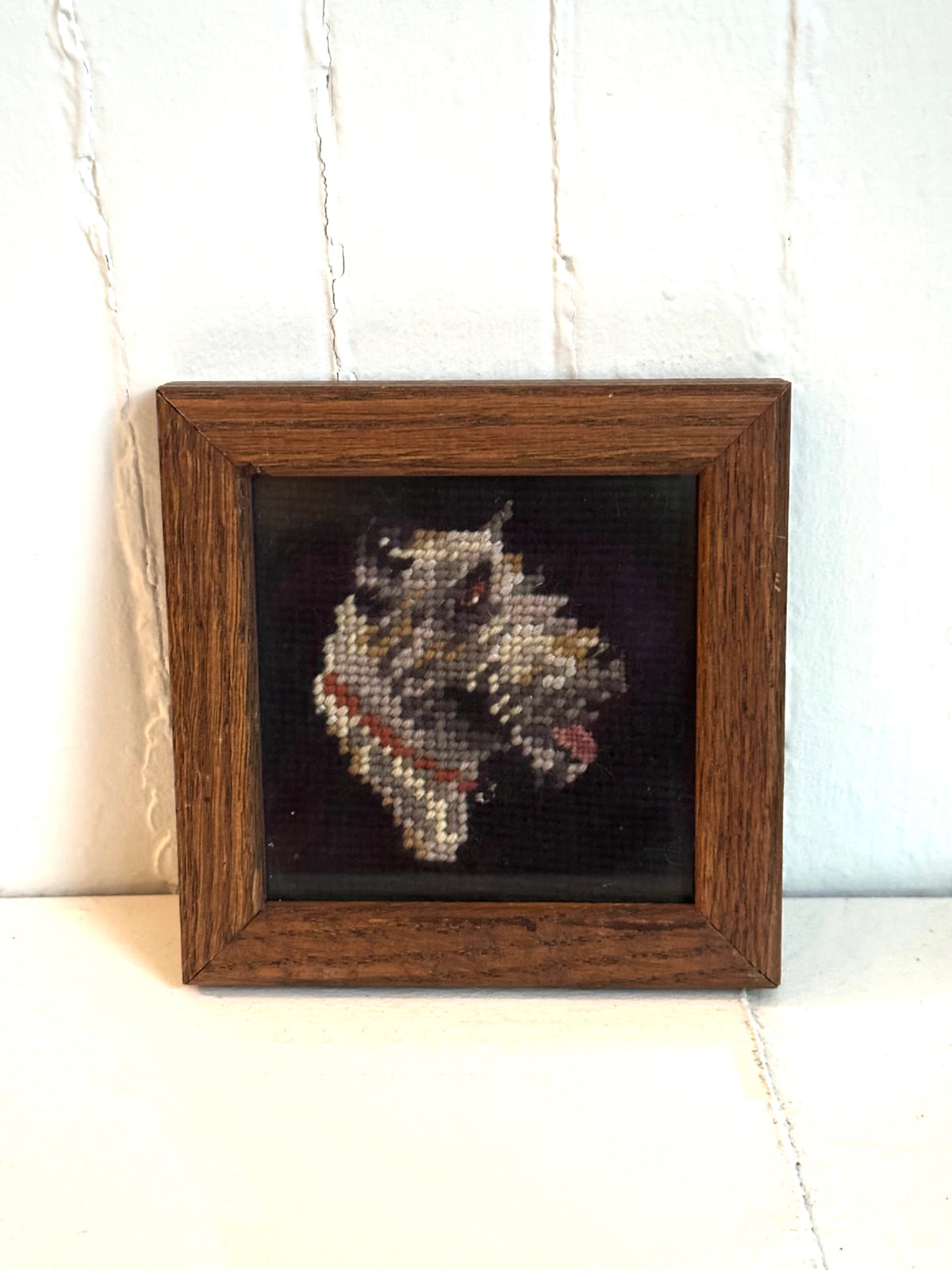 Vintage Schnauzer Dog Needlepoint in Wood Frame