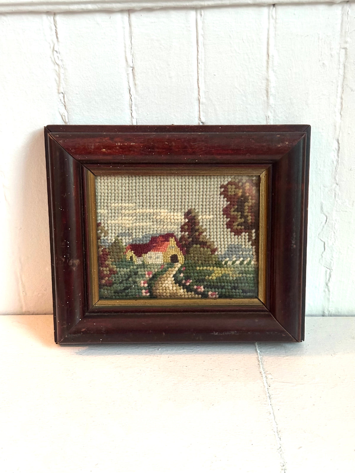 Vintage Sprint Cottage Scene Framed Needlepoint