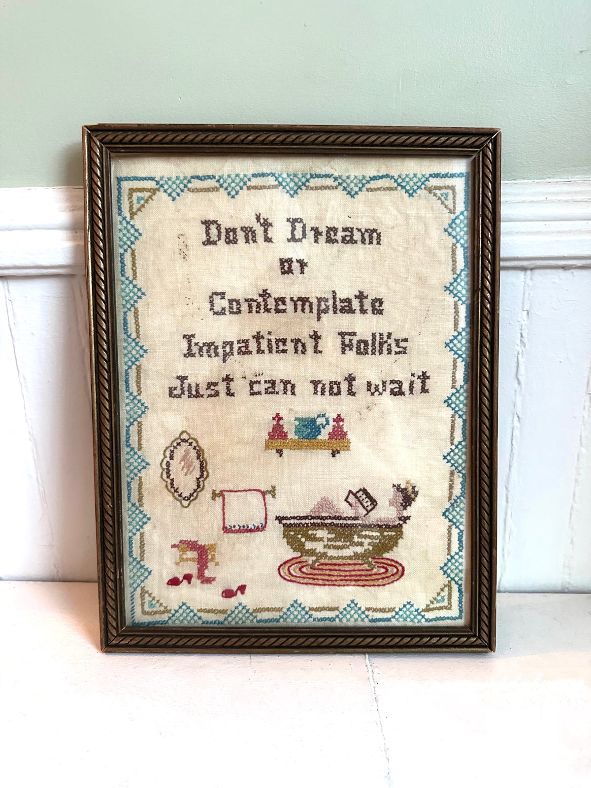 Vintage "Impatient Folks" Framed Needlepoint