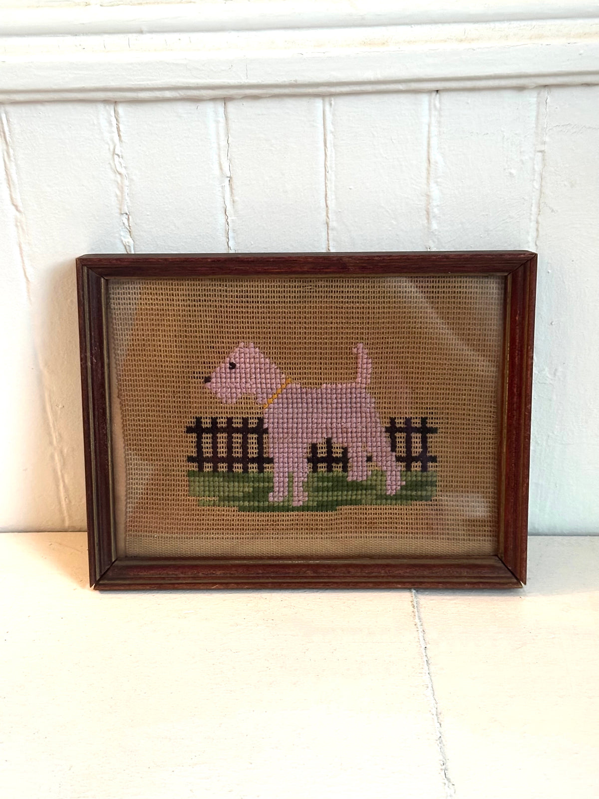Vintage Terrier Dog Needlepoint in Wood Frame