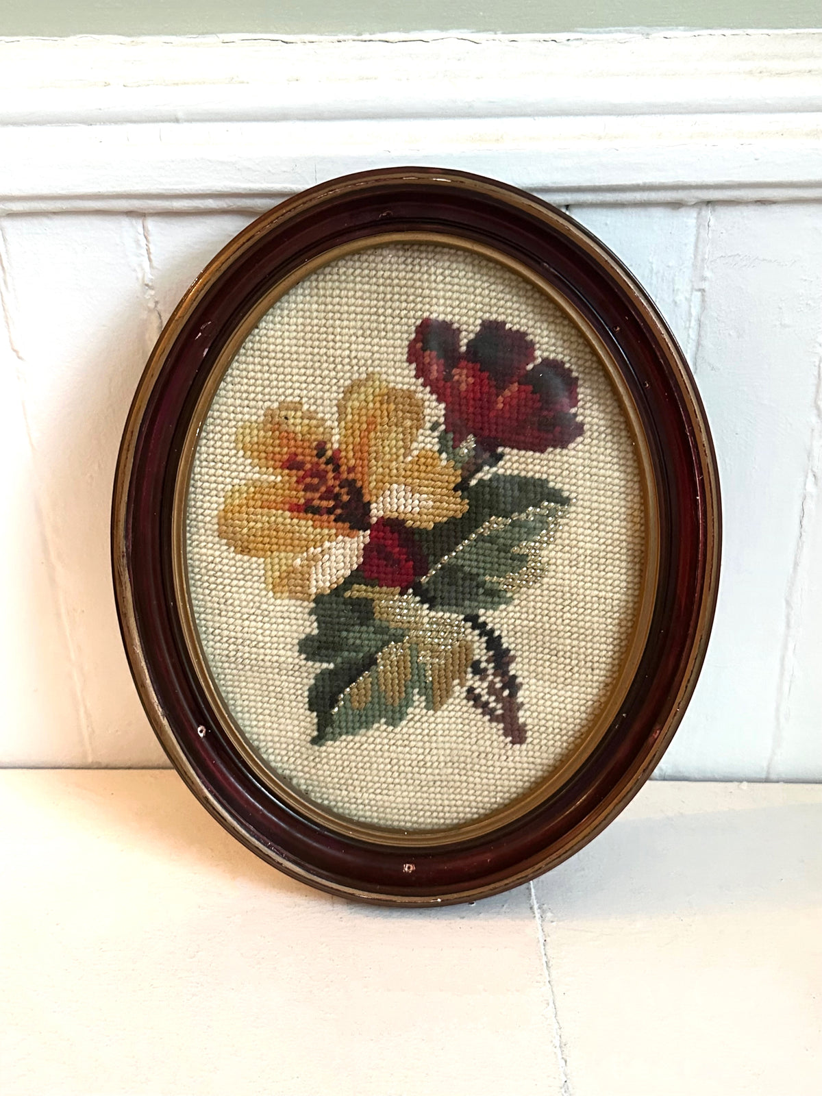 Vintage Floral Needlepoint in Oval Wood Frame