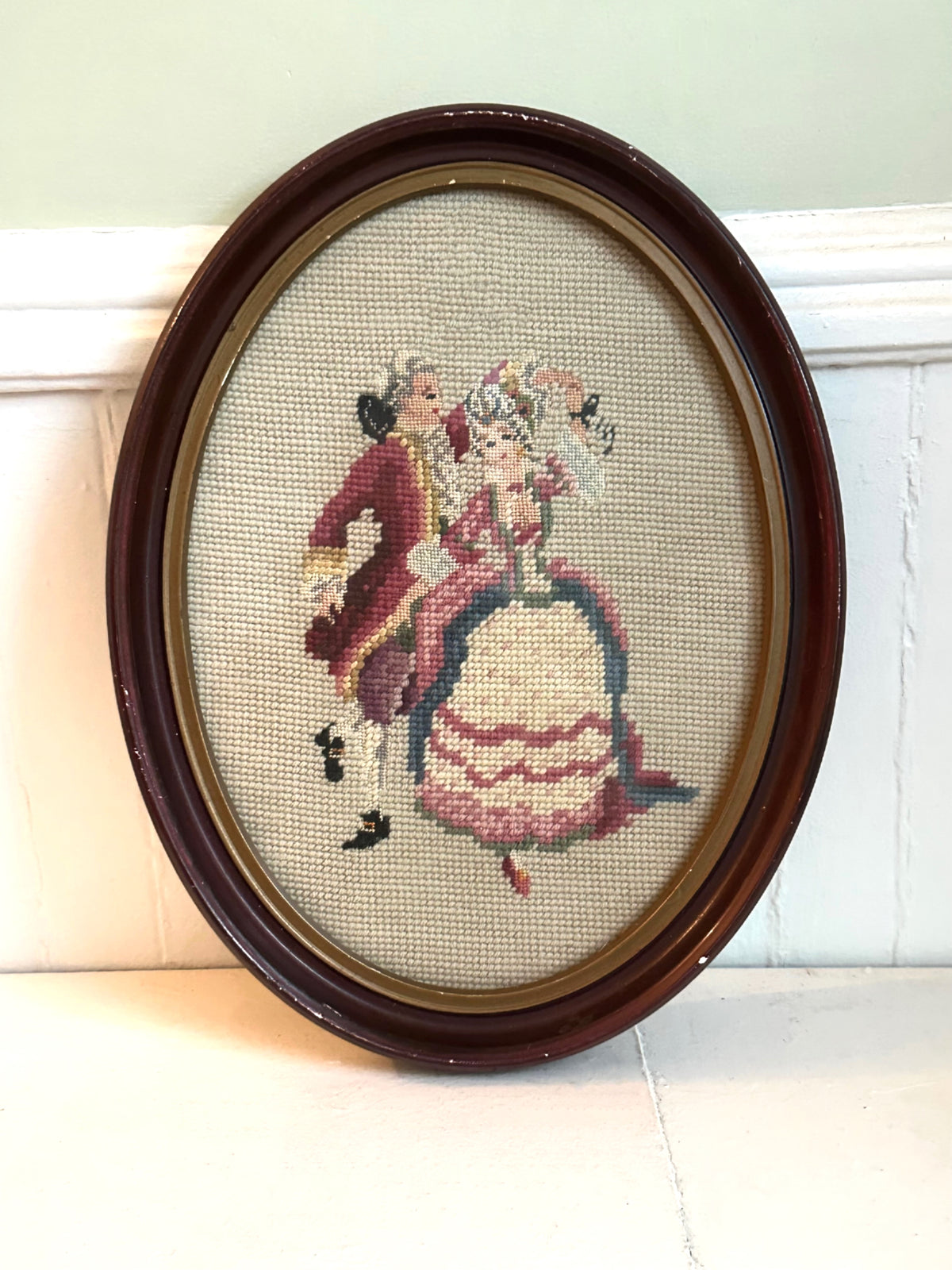 Vintage Dancing Couple Needlepoint in Oval Wood Frame
