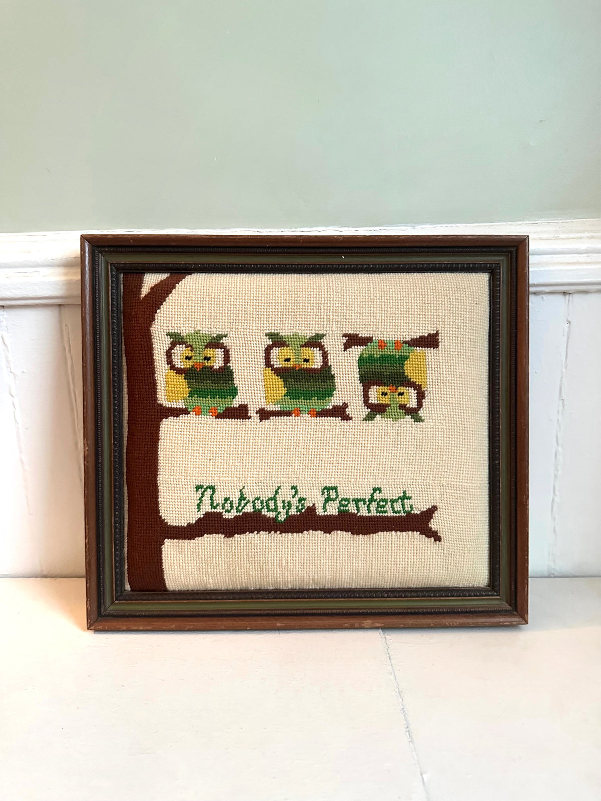 Vintage “Nobody’s Perfect” Owl Needlepoint in Wood Frame