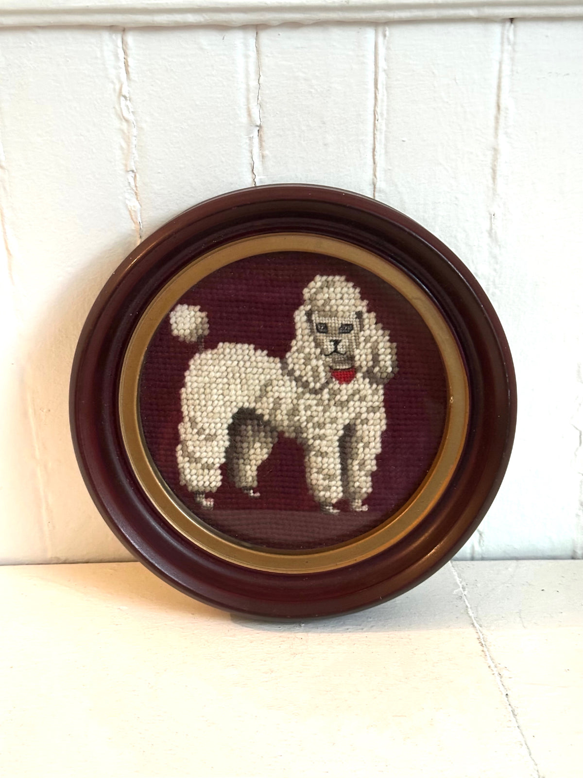 Vintage Poodle Dog Needlepoint in Round Wood Frame