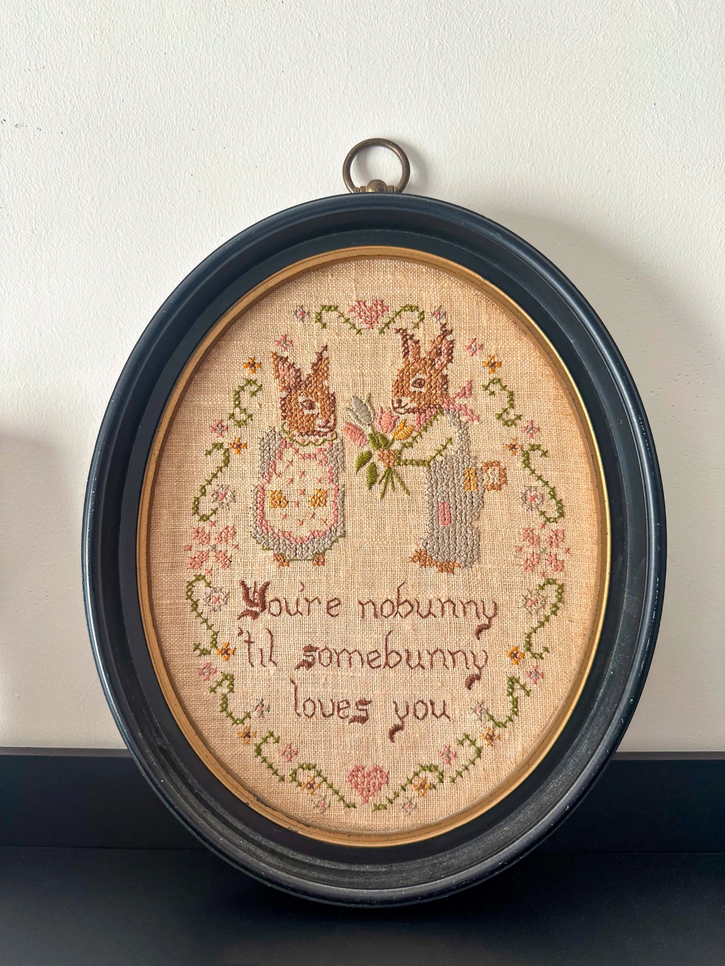 Vintage Bunny Love Framed Needlepoint