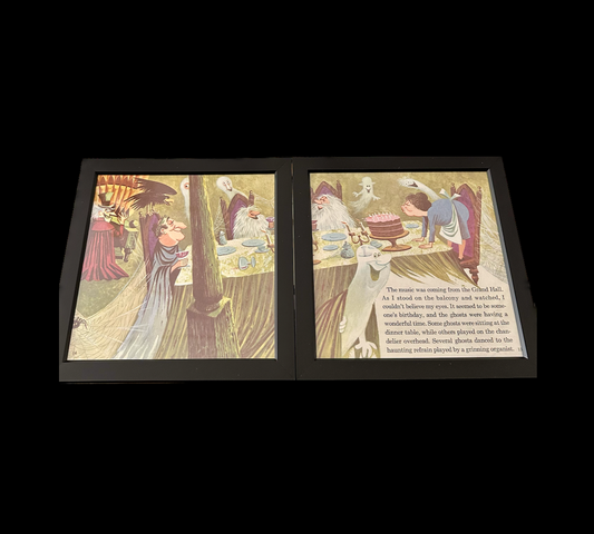 "The Haunted Mansion" Pair of Vintage Framed Book Pages "Grinning Organist"