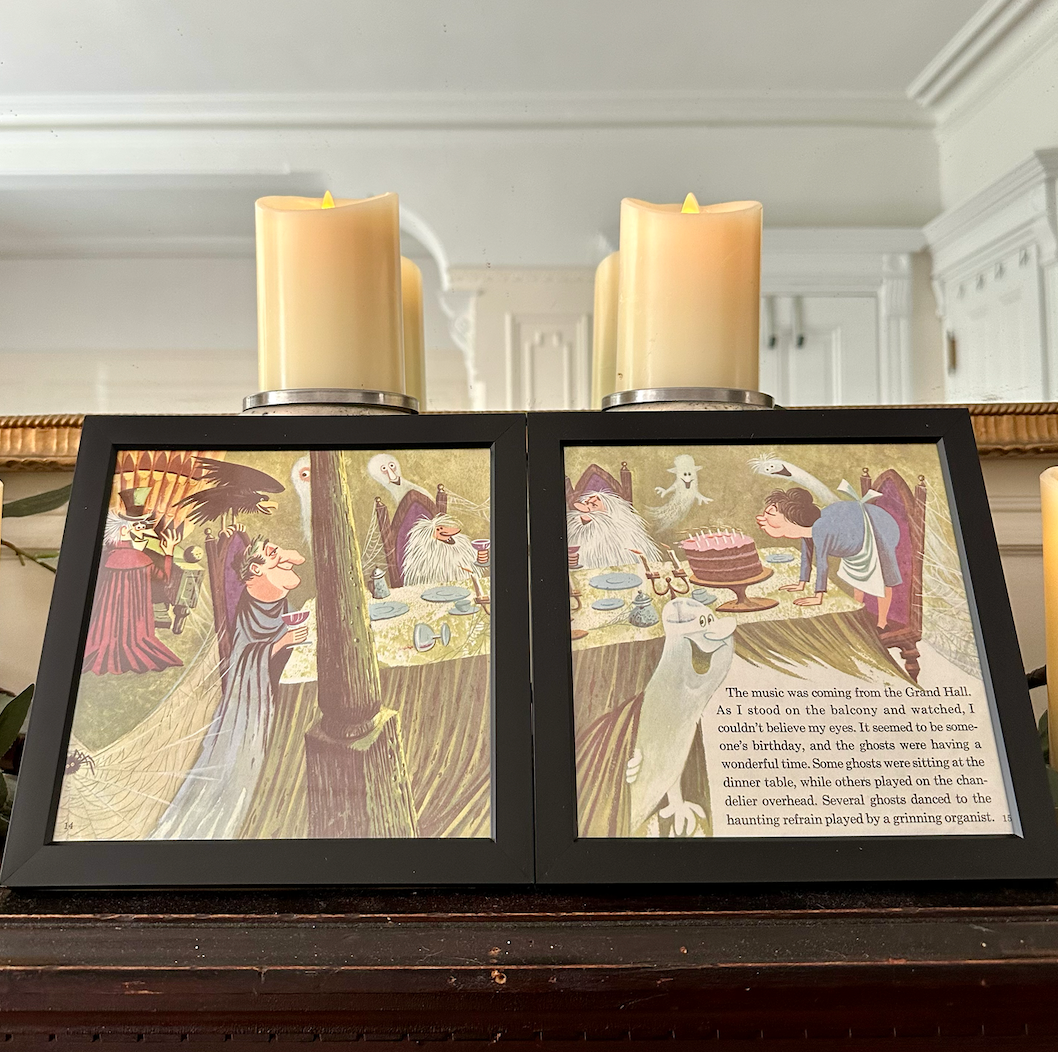 "The Haunted Mansion" Pair of Vintage Framed Book Pages "Grinning Organist"