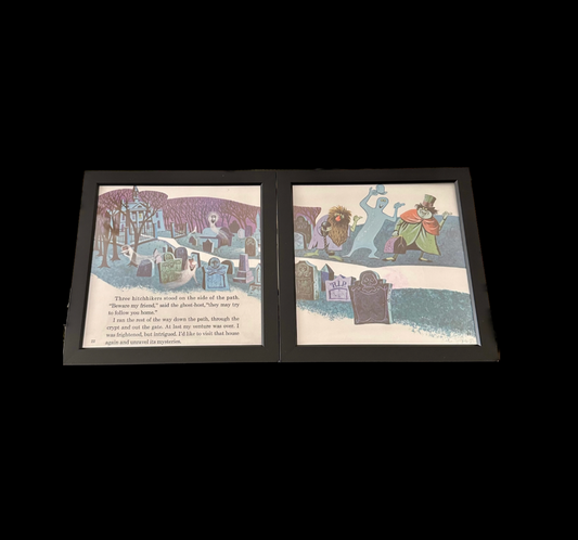 "The Haunted Mansion" Pair of Vintage Framed Book Pages "Three Hitchhikers"