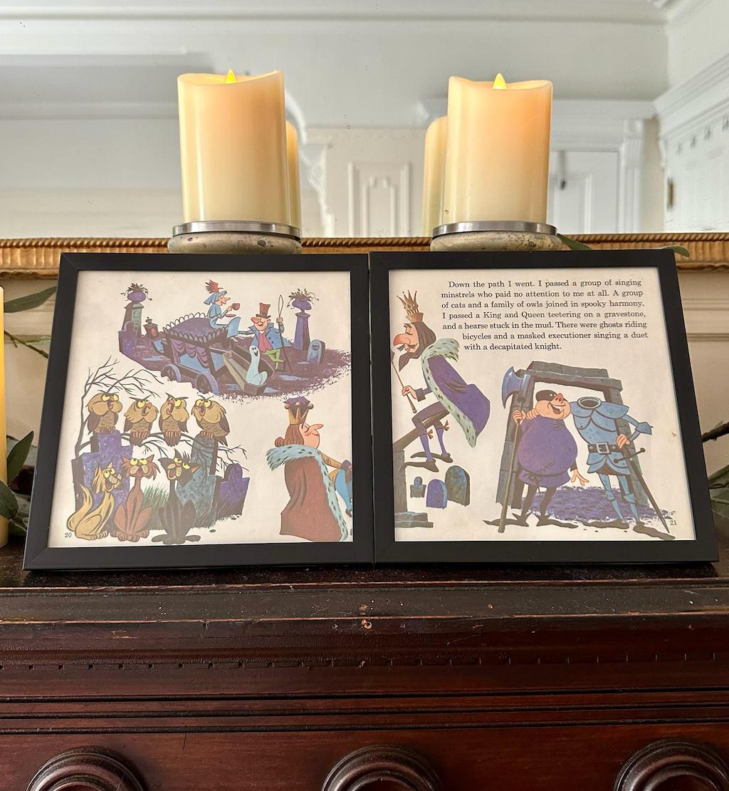 "The Haunted Mansion" Pair of Vintage Framed Book Pages "Grim Grinning Ghosts Love to Socialize"