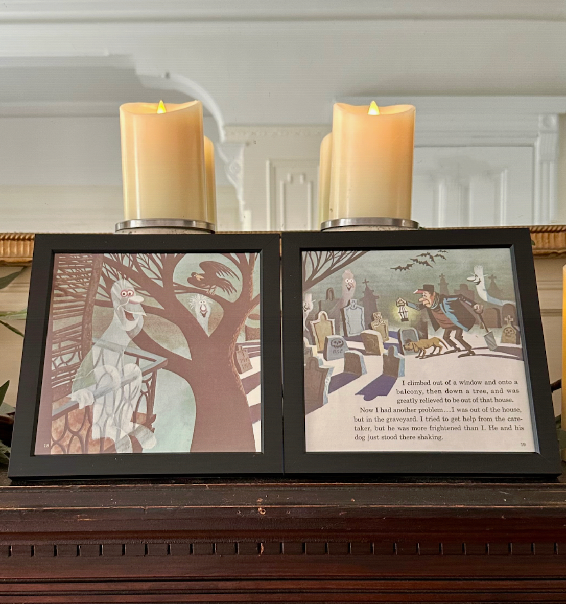 "The Haunted Mansion" Pair of Vintage Framed Book Pages "Graveyard Caretaker and Dog"