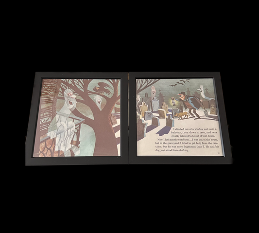 "The Haunted Mansion" Pair of Vintage Framed Book Pages "Graveyard Caretaker and Dog"