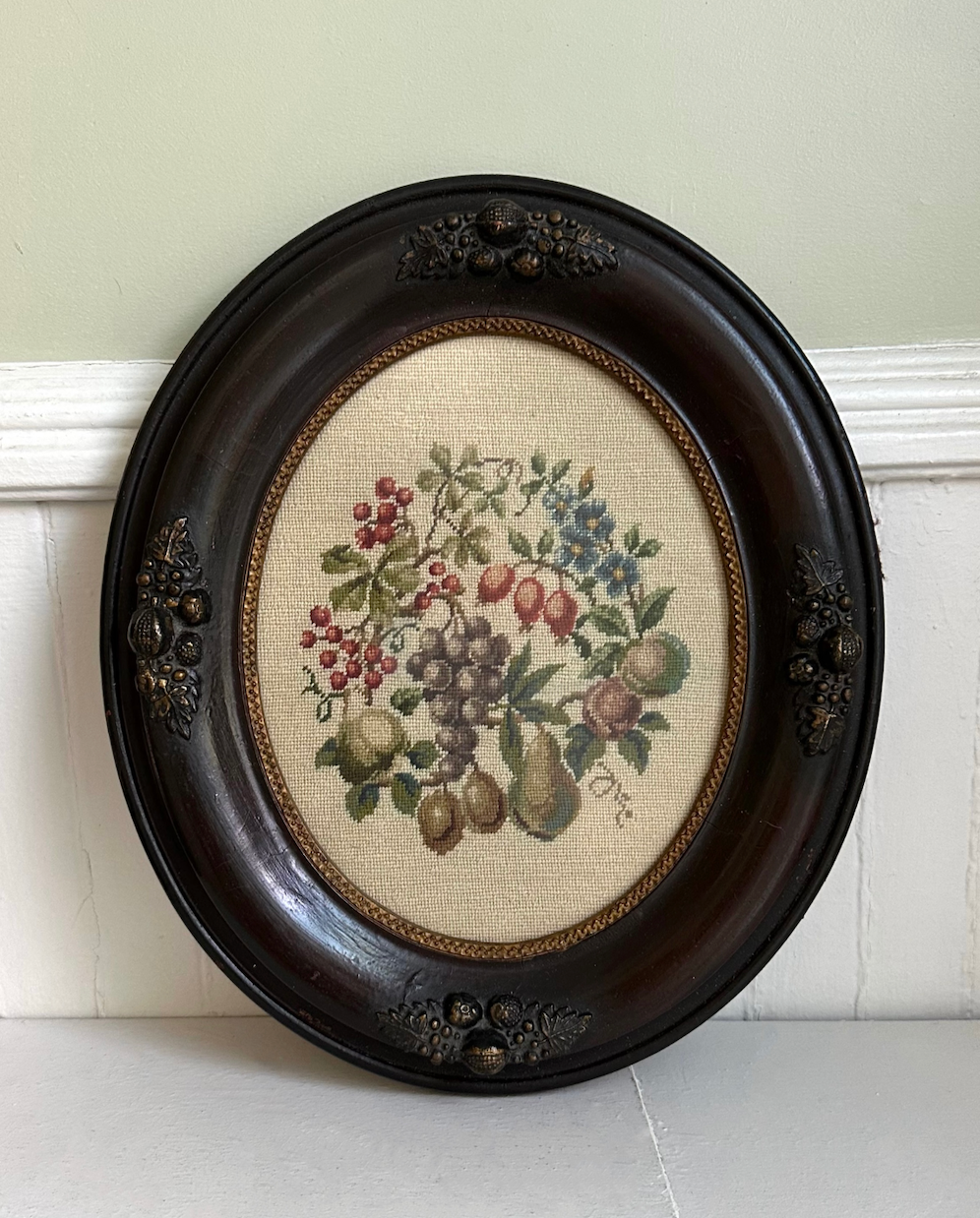 Vintage Fruit Still Life Needlepoint in Wooden Frame