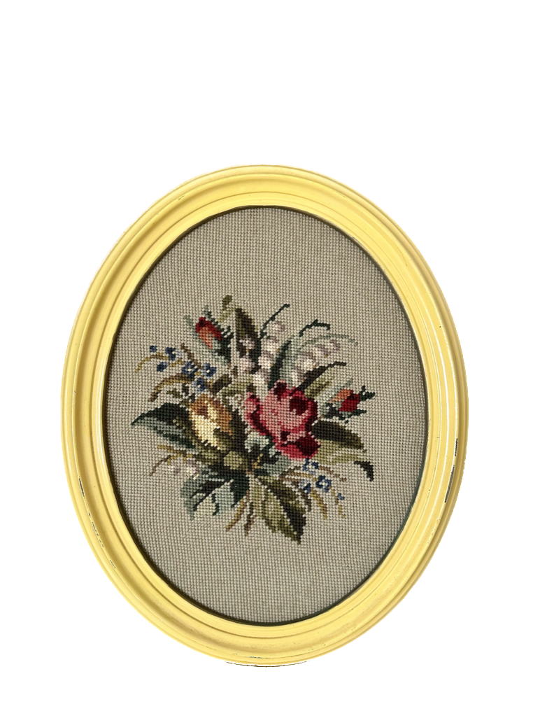 Vintage Floral Needlepoint in Yellow Wood Frame