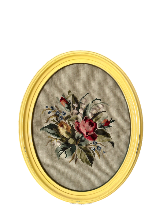 Vintage Floral Needlepoint in Yellow Wood Frame